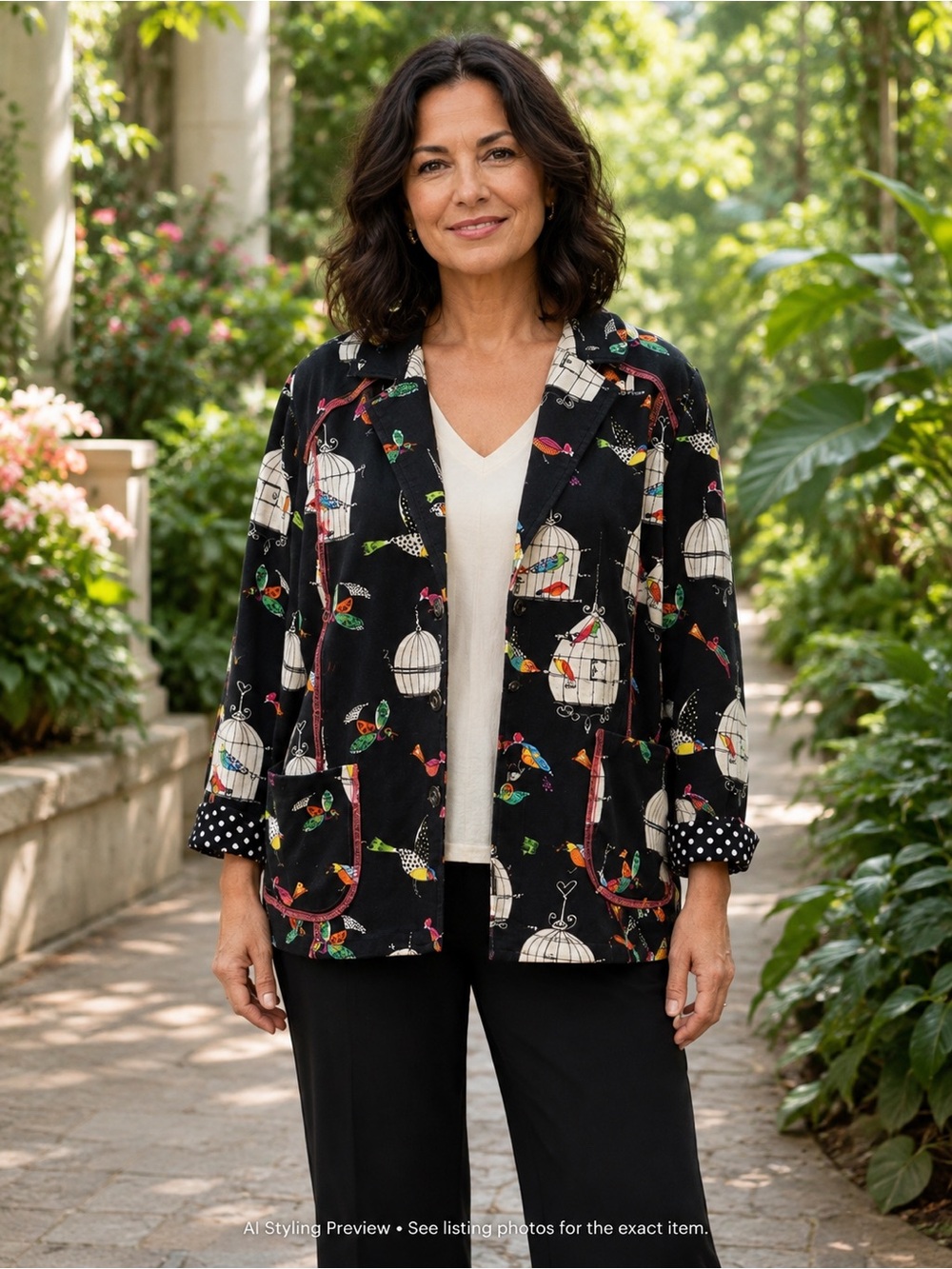 Zoe XL Birdcage Bird Print Blazer Whimsical Artsy Jacket